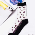 Носки женские длинные. Черный в фиолетовый цветок. Сетка. Тип33. Черный.