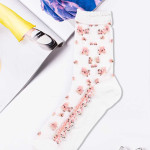 Носки женские длинные. Белый в розовый цветок. Сетка. Тип33. Белый.